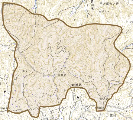 岩井畝とその周辺の地図。町の範囲を重ねている