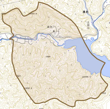 黒杭とその周辺の地図。町の範囲を重ねている