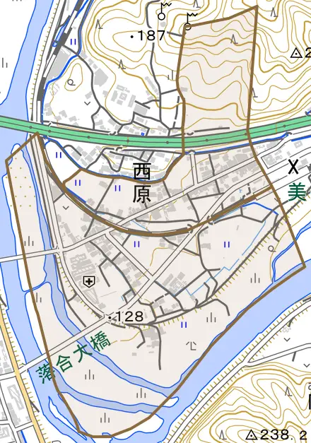 西原とその周辺の地図。町の範囲を重ねている