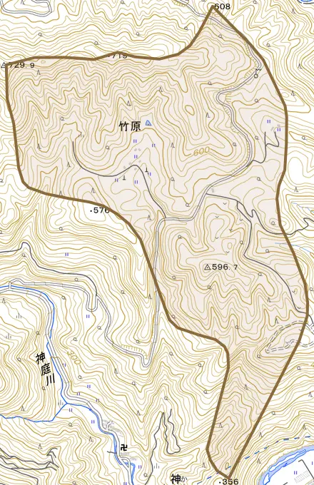 竹原とその周辺の地図。町の範囲を重ねている
