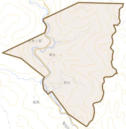 田口とその周辺の地図。町の範囲を重ねている