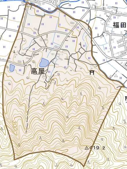 高屋とその周辺の地図。町の範囲を重ねている