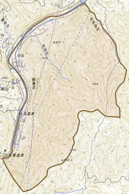 都喜足とその周辺の地図。町の範囲を重ねている