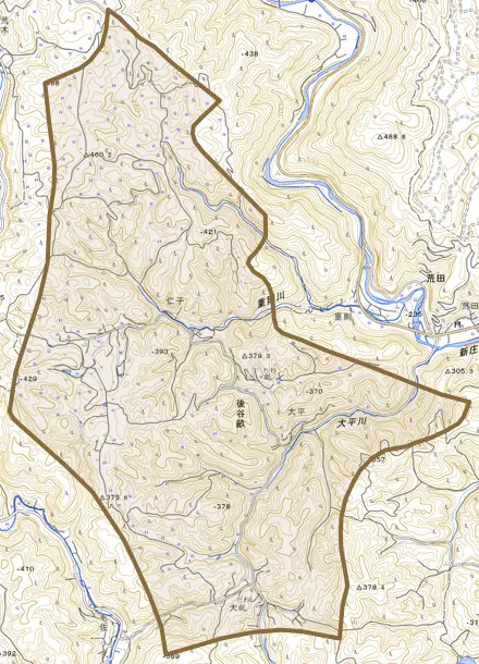 後谷畝とその周辺の地図。町の範囲を重ねている