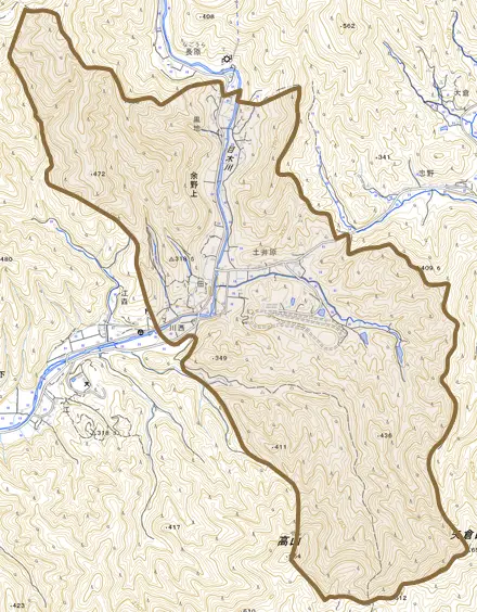 余野上とその周辺の地図。町の範囲を重ねている