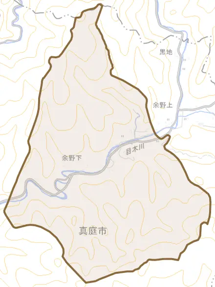 余野下とその周辺の地図。町の範囲を重ねている