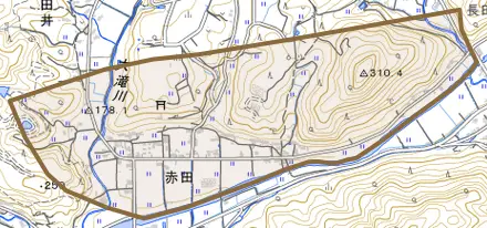 赤田とその周辺の地図。町の範囲を重ねている