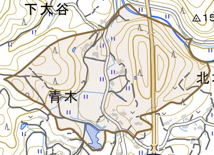 青木とその周辺の地図。町の範囲を重ねている