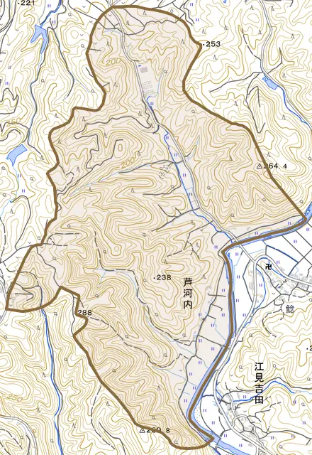 芦河内とその周辺の地図。町の範囲を重ねている