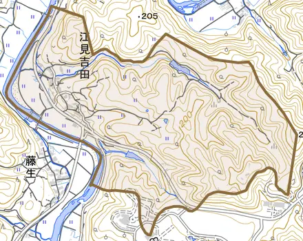 江見吉田とその周辺の地図。町の範囲を重ねている