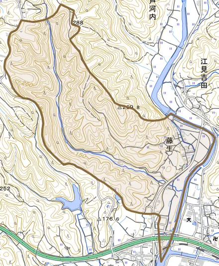 藤生とその周辺の地図。町の範囲を重ねている