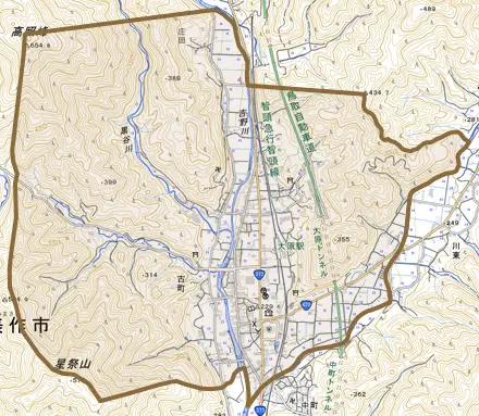 古町とその周辺の地図。町の範囲を重ねている