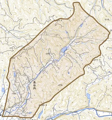 長谷内とその周辺の地図。町の範囲を重ねている