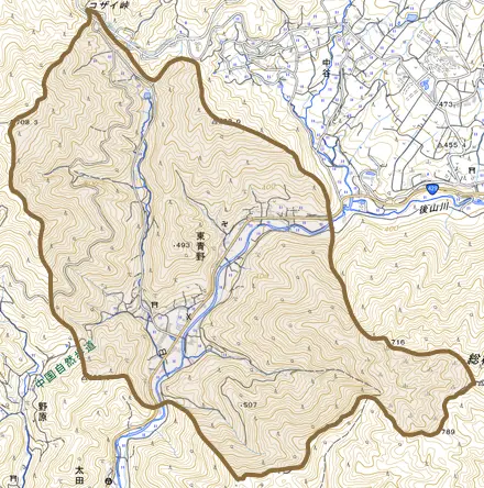 東青野とその周辺の地図。町の範囲を重ねている