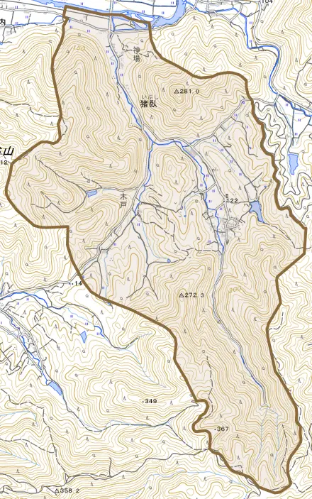 猪臥とその周辺の地図。町の範囲を重ねている