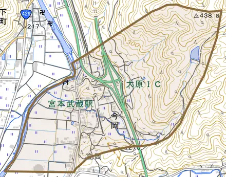 今岡とその周辺の地図。町の範囲を重ねている