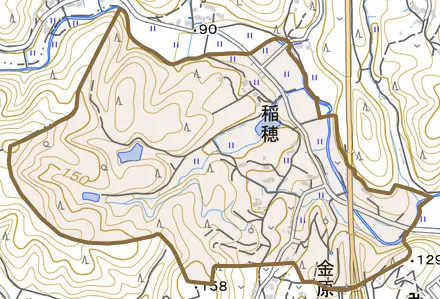 稲穂とその周辺の地図。町の範囲を重ねている