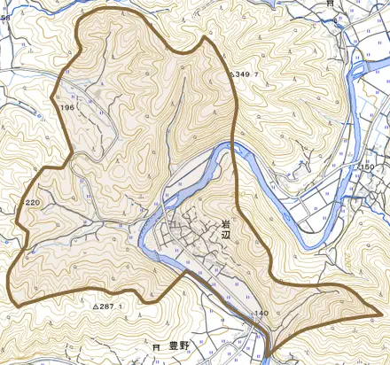 岩辺とその周辺の地図。町の範囲を重ねている