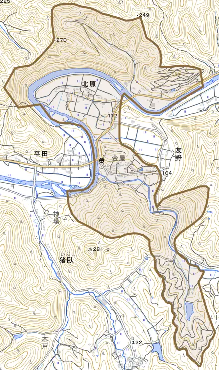 北原とその周辺の地図。町の範囲を重ねている