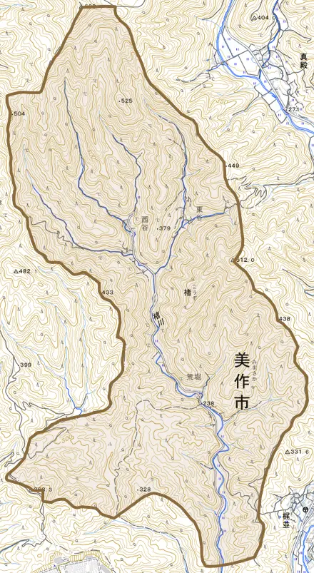 楮とその周辺の地図。町の範囲を重ねている