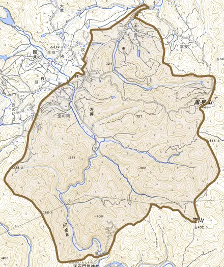 万善とその周辺の地図。町の範囲を重ねている