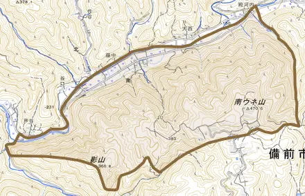 南とその周辺の地図。町の範囲を重ねている
