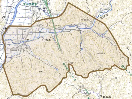 宮本とその周辺の地図。町の範囲を重ねている