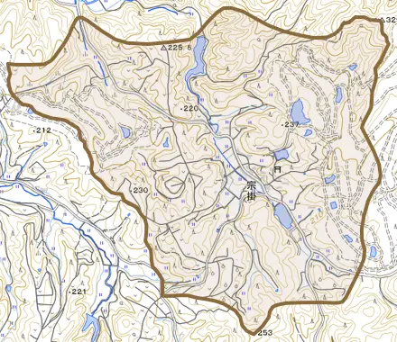 宗掛とその周辺の地図。町の範囲を重ねている