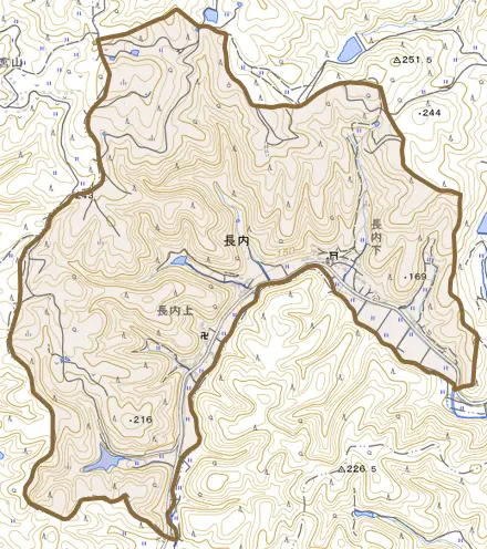 長内とその周辺の地図。町の範囲を重ねている