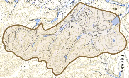 中河内とその周辺の地図。町の範囲を重ねている