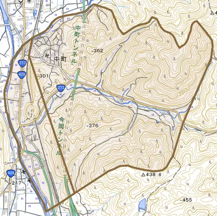 中町とその周辺の地図。町の範囲を重ねている