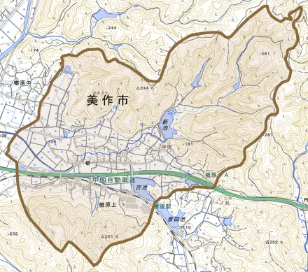 楢原上とその周辺の地図。町の範囲を重ねている