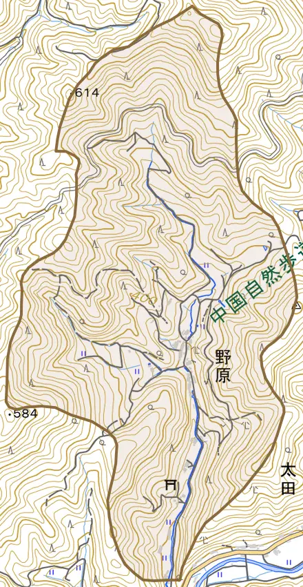 野原とその周辺の地図。町の範囲を重ねている