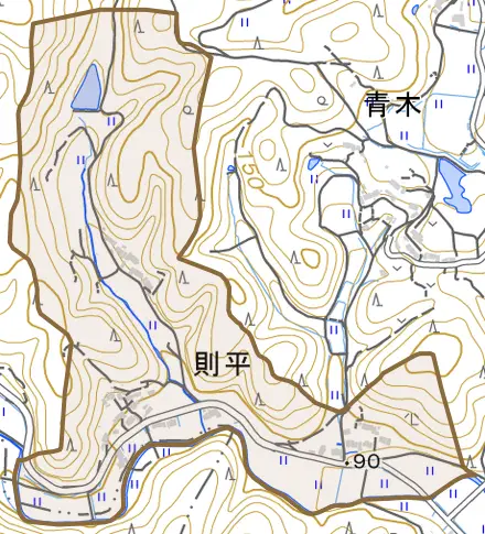 則平とその周辺の地図。町の範囲を重ねている