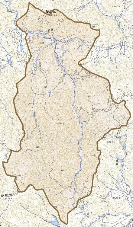 大原とその周辺の地図。町の範囲を重ねている