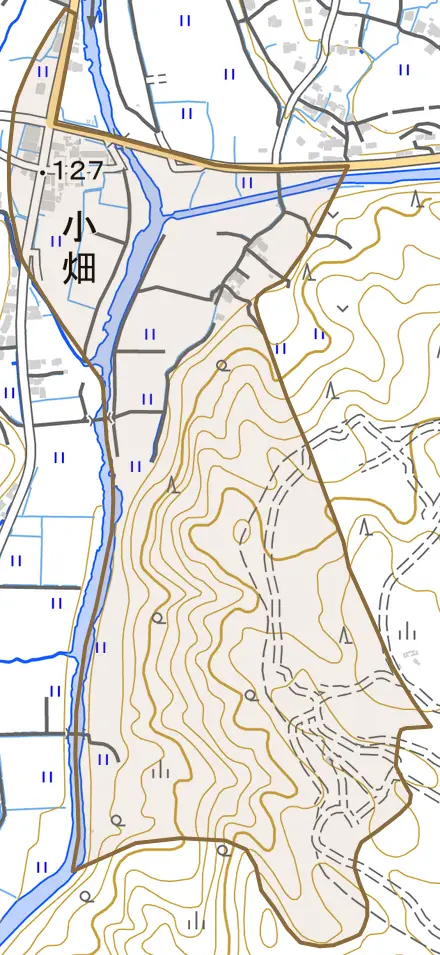 小畑とその周辺の地図。町の範囲を重ねている