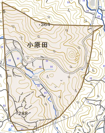 小原田とその周辺の地図。町の範囲を重ねている