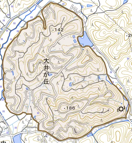 大井が丘とその周辺の地図。町の範囲を重ねている