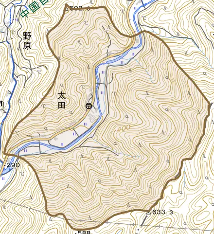 太田とその周辺の地図。町の範囲を重ねている