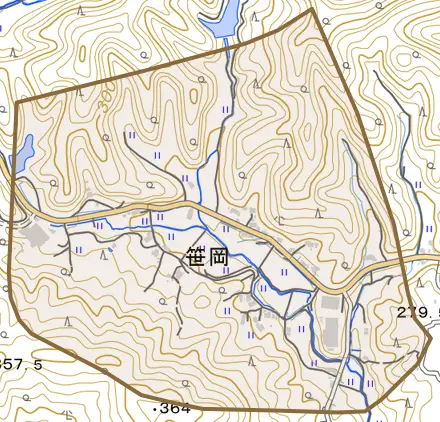 笹岡とその周辺の地図。町の範囲を重ねている