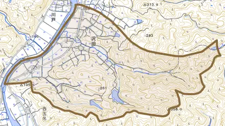 沢田とその周辺の地図。町の範囲を重ねている