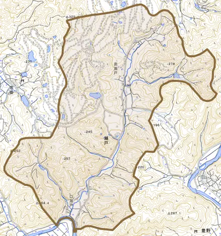 瀬戸とその周辺の地図。町の範囲を重ねている