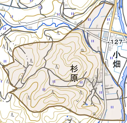 杉原とその周辺の地図。町の範囲を重ねている