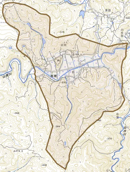 角南とその周辺の地図。町の範囲を重ねている