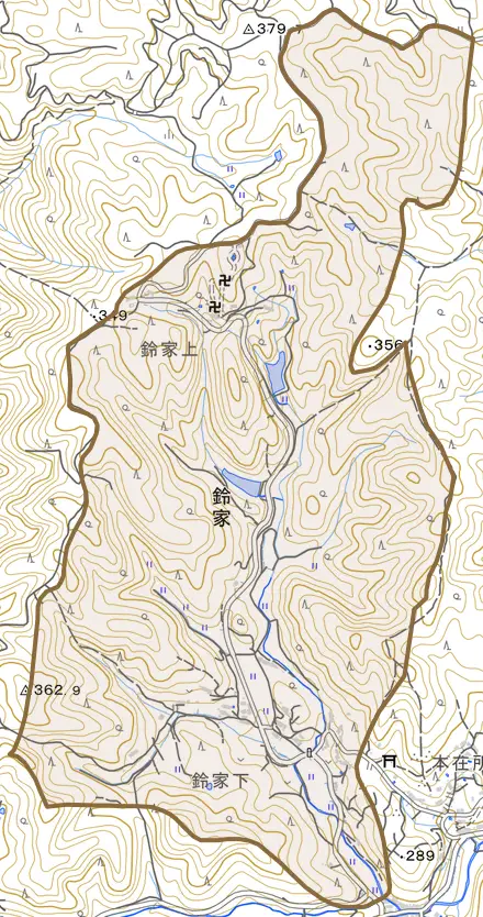 鈴家とその周辺の地図。町の範囲を重ねている