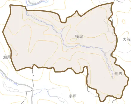横尾とその周辺の地図。町の範囲を重ねている