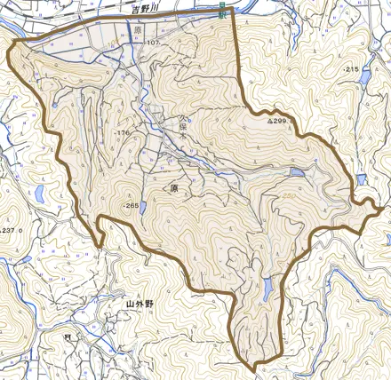 原とその周辺の地図。町の範囲を重ねている
