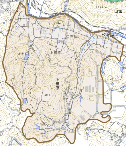 上福原とその周辺の地図。町の範囲を重ねている