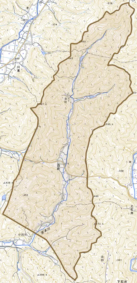 西町とその周辺の地図。町の範囲を重ねている