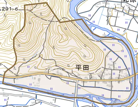 平田とその周辺の地図。町の範囲を重ねている